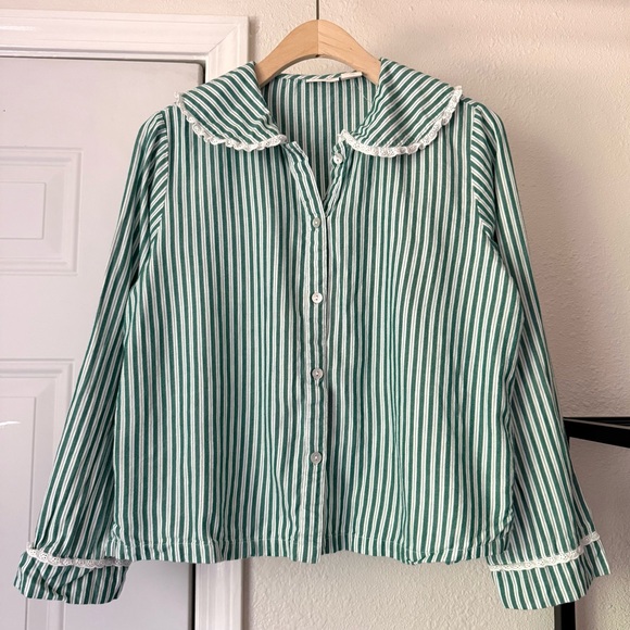 Rachel Ashwell Tops - RACHEL ASHWELL green white striped cotton sailor Peter Pan cottage prairie top